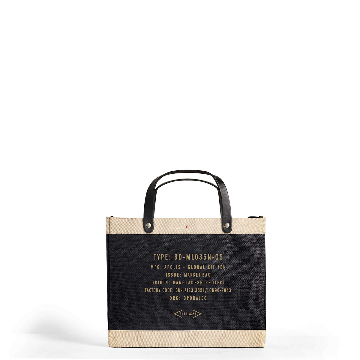 Back view of The Plaza New York black market tote bag with black leather handles and gold Apolis manufacturing details