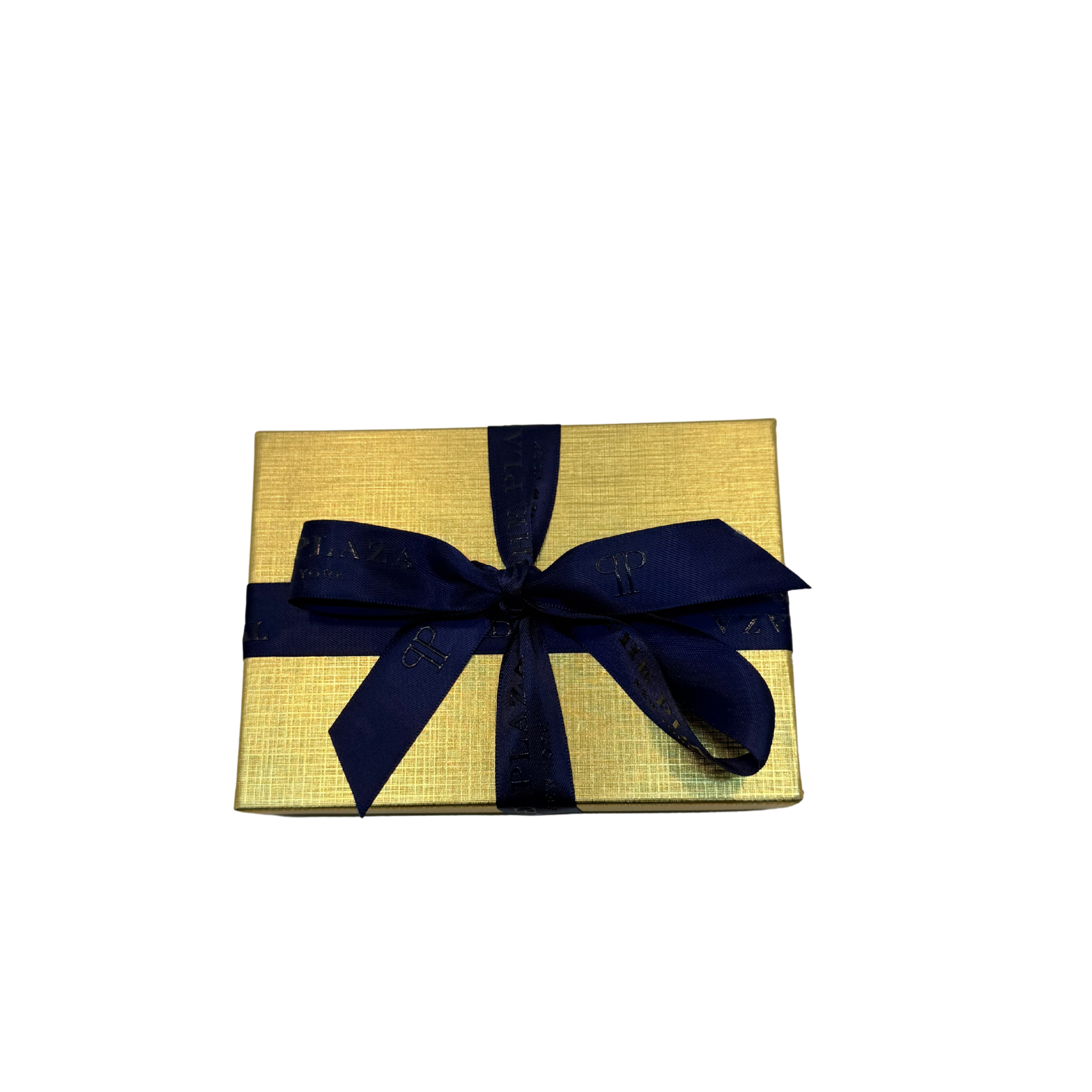 A square gift box wrapped in textured gold paper with a large navy blue ribbon tied in a bow, isolated on a white background.