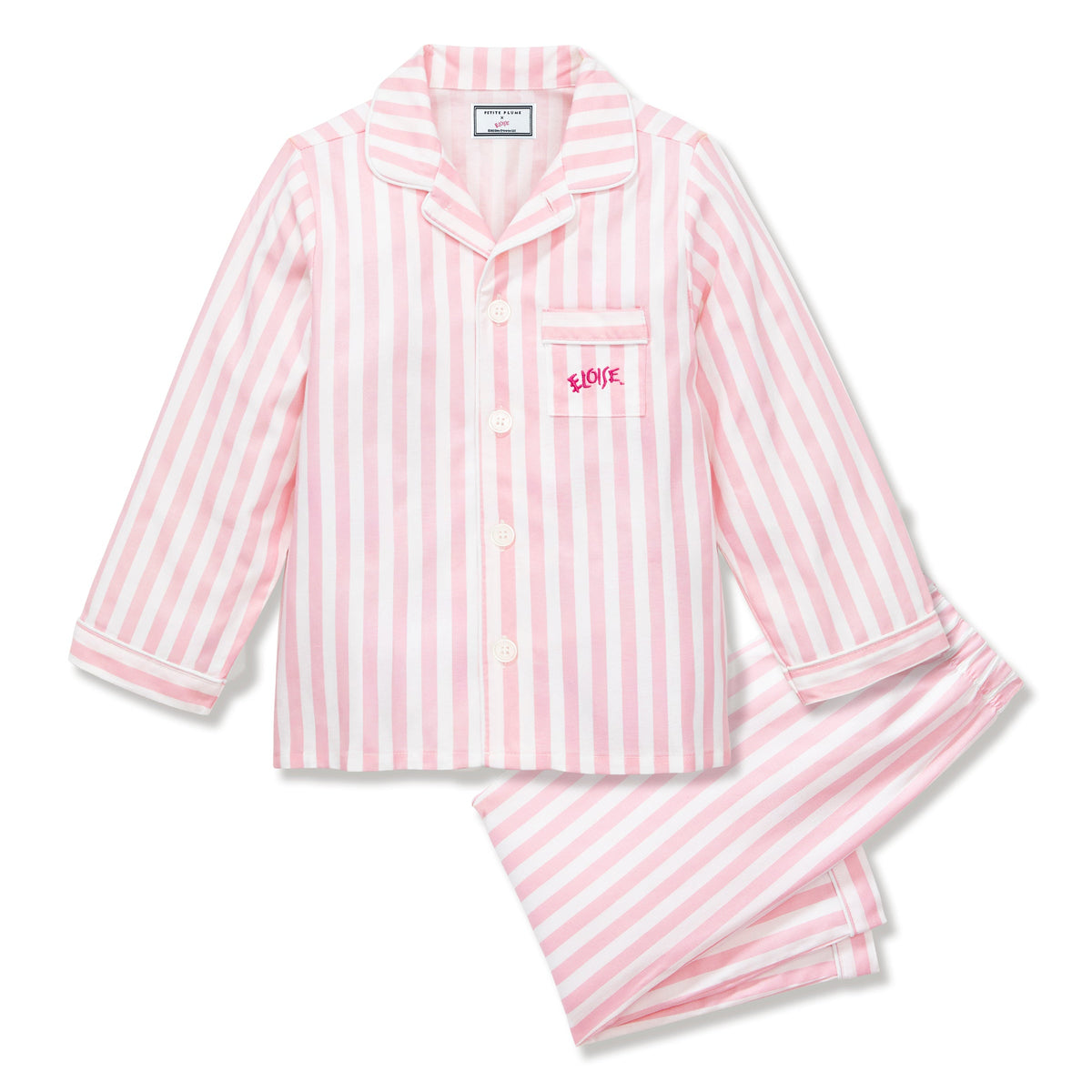 Pink and white striped pajama set featuring a long-sleeve button-front top with a chest pocket and matching pants, laid flat on a white background.