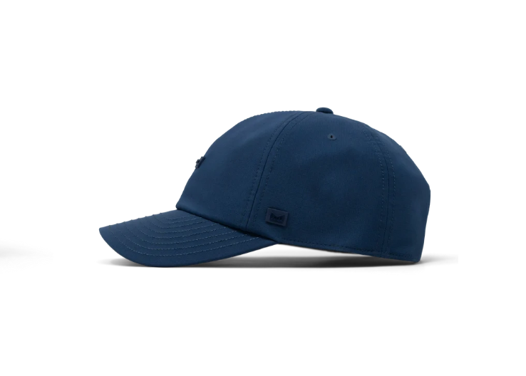 A navy blue baseball cap shown in a side profile view against a clean white background.