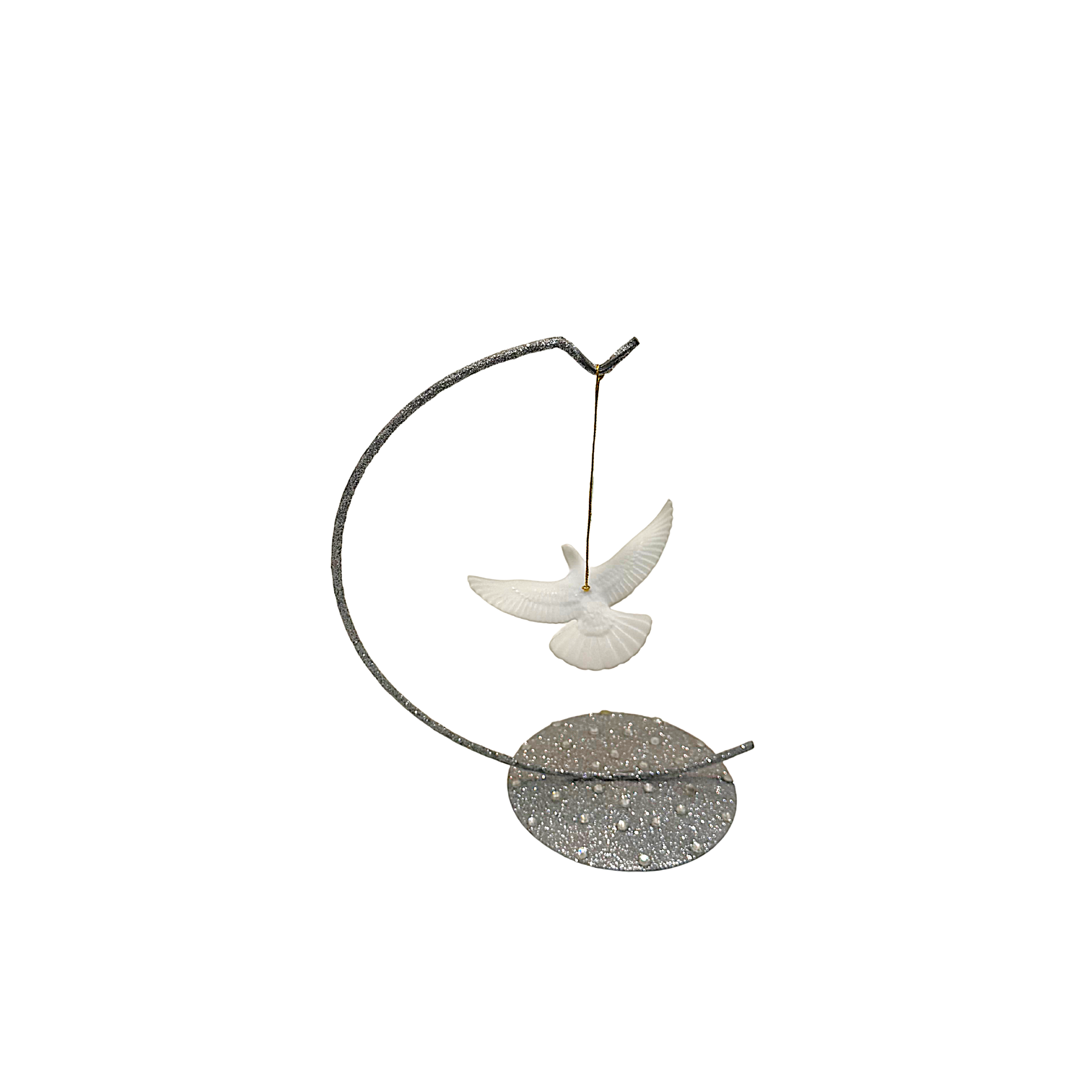 A decorative turtle dove ornament featuring a white dove hanging from a dark curved metal frame with a round glittery base, isolated on a white background.