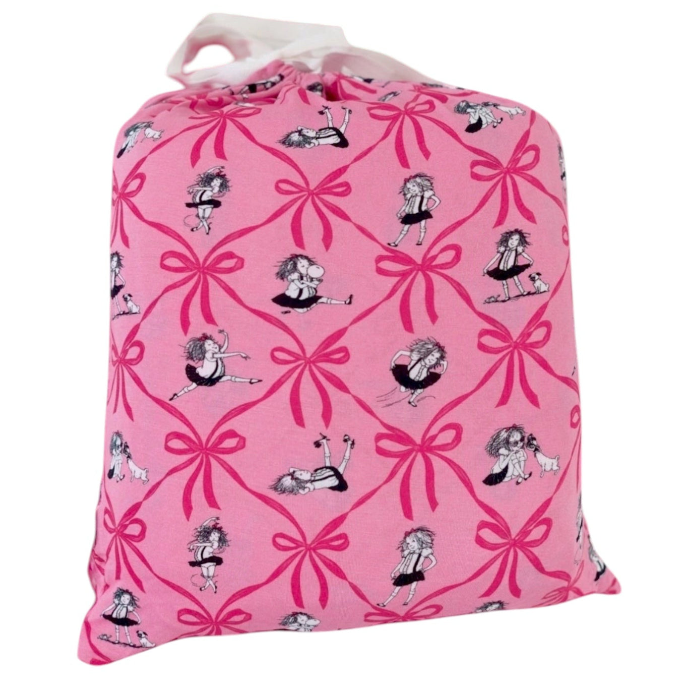 A pink drawstring storage bag containting a twin sheet set with a repeating pattern of pink bows and black-and-white cartoon figures named Eloise, shown against a plain white background.