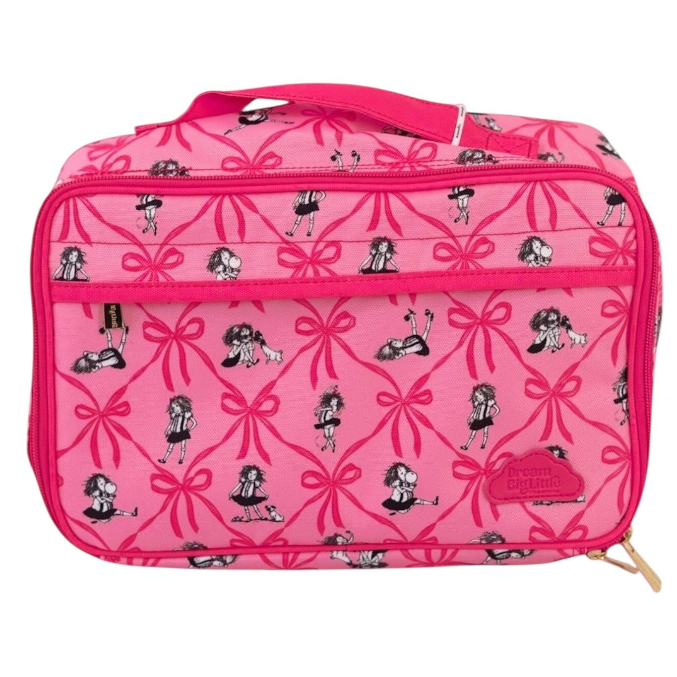 Pink travel bag with black and white graphics on a white background