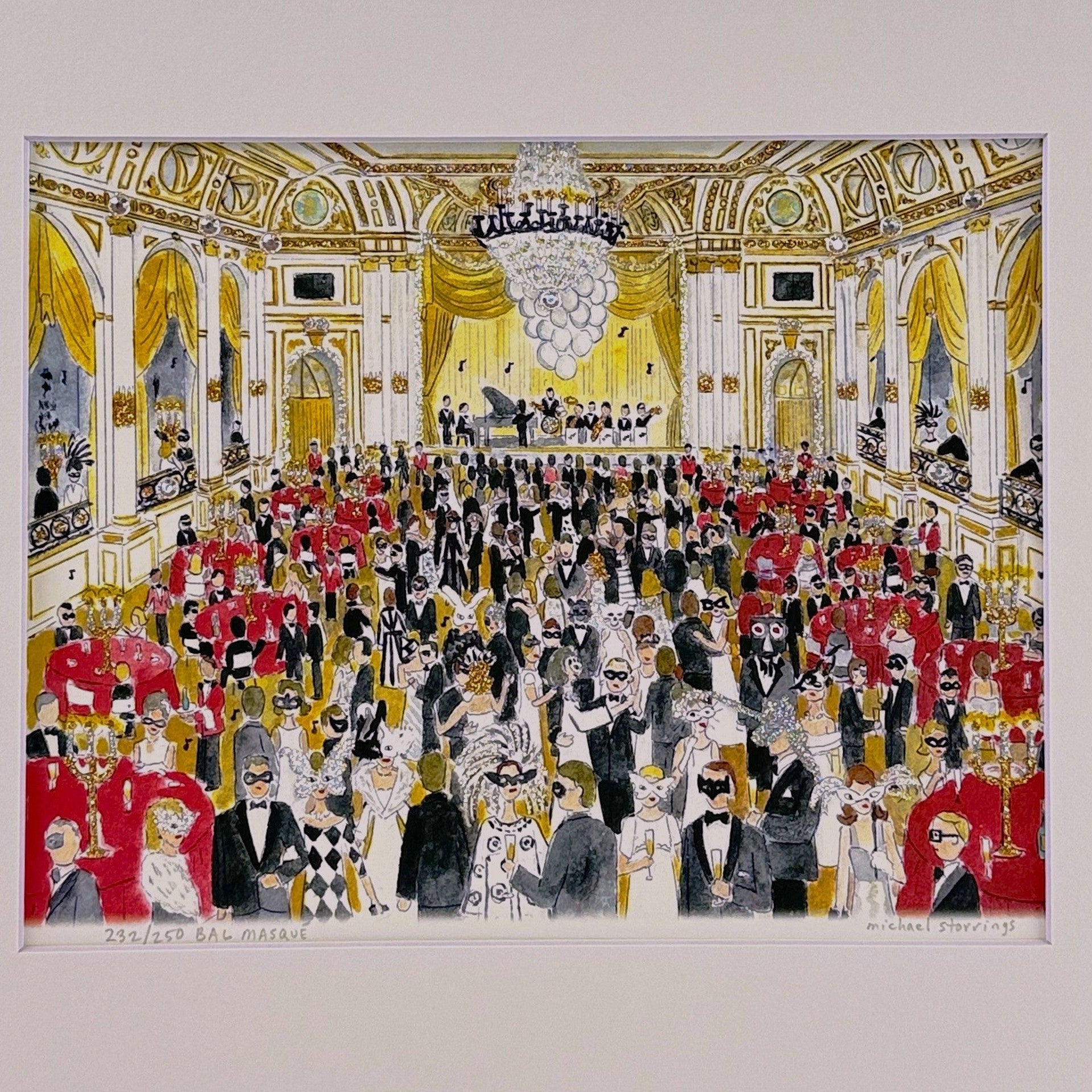 A framed art print depicting a crowded ballroom scene with elegantly dressed guests, red coats, gold drapery, and an orchestra on stage, shown against a light neutral background.