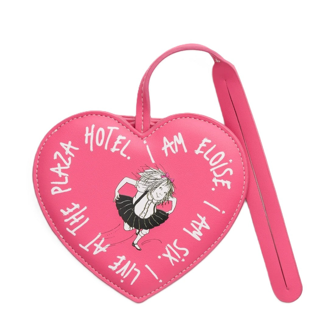 A bright pink heart-shaped luggage tag featuring a white hand-drawn style illustration of a girl in a black tutu and the text 'I AM ELOISE I AM SIX. I LIVE AT THE PLAZA HOTEL.