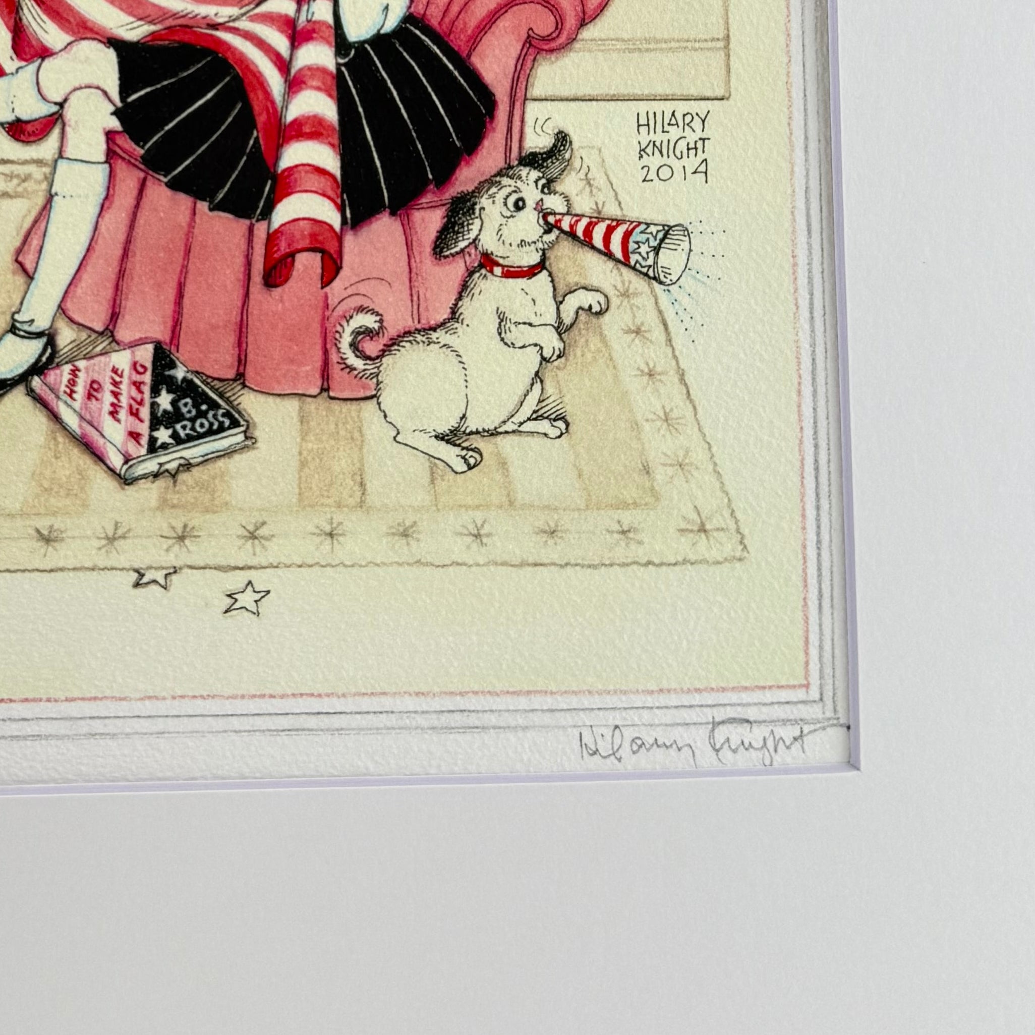 Framed illustration of a woman in a striped dress and hat with a dog on a white background