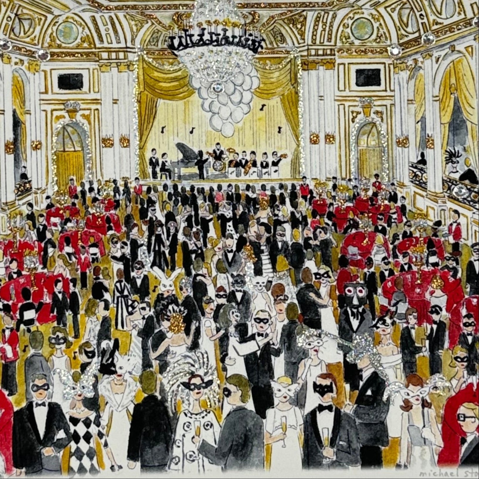 Matted artwork of a formal event with people in formal attire on a white background