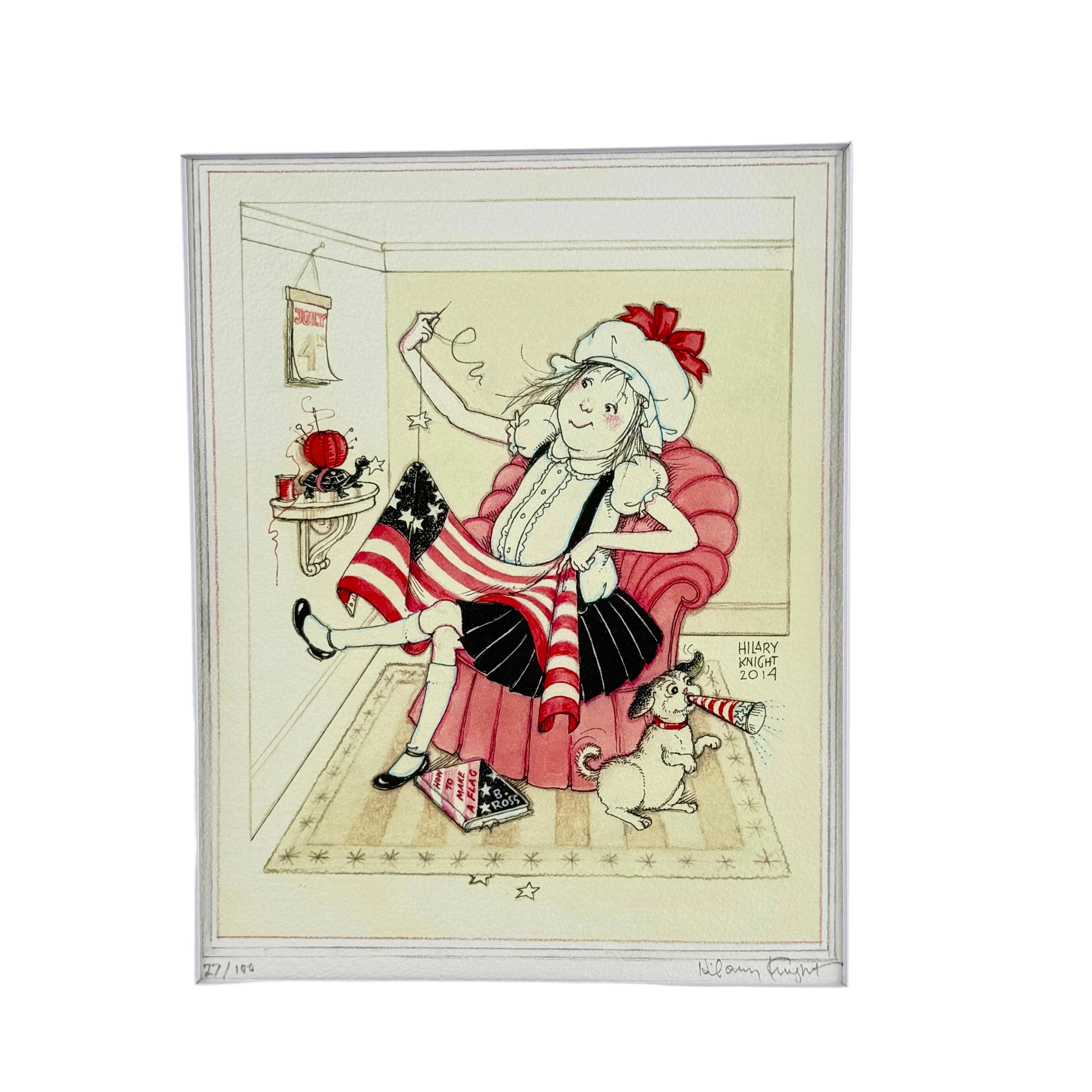 Illustration of Eloise in a red and white striped dress sitting on a chair with a small dog, framed in white. Sewing on a setee